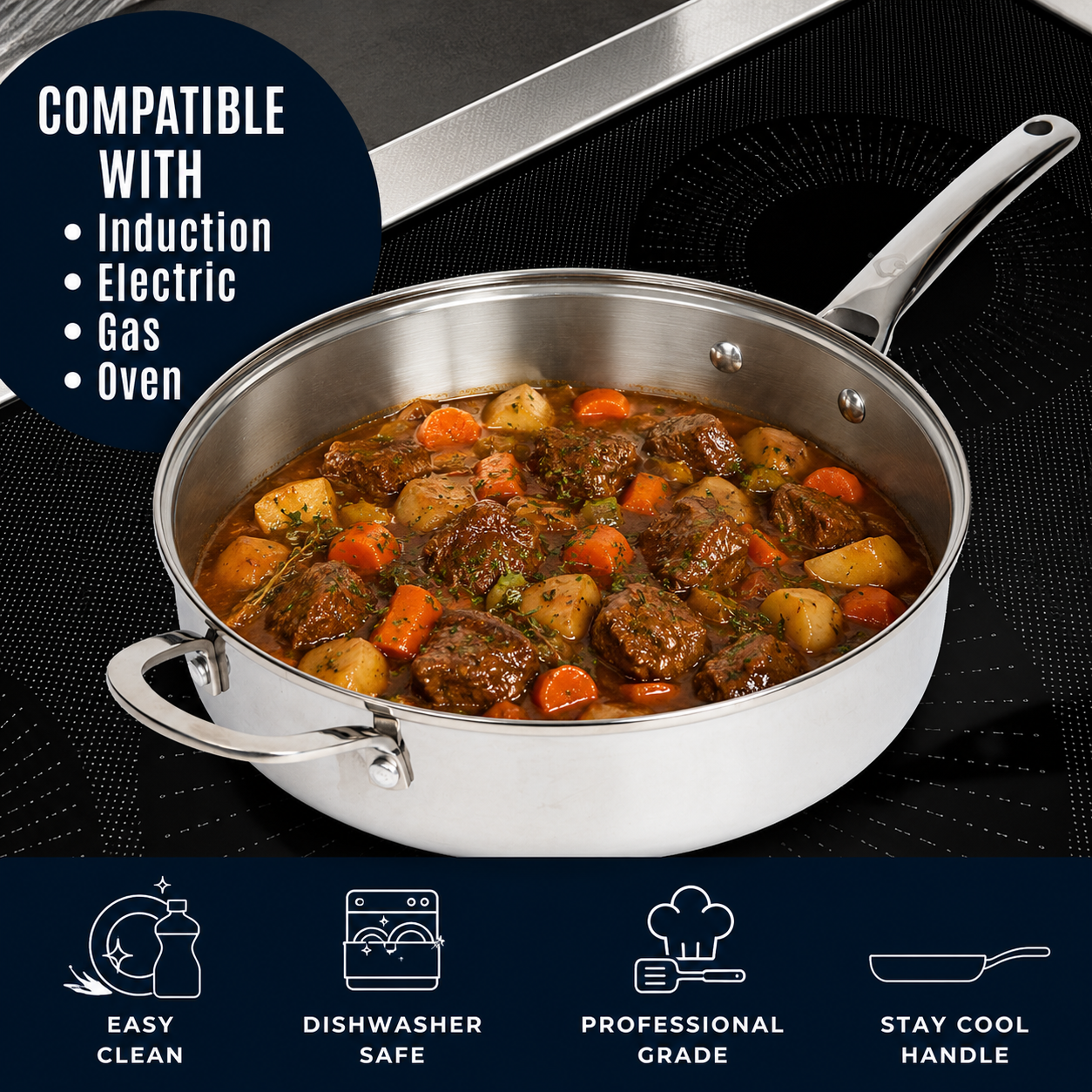 CoreClad Tri-Ply Stainless Steel Saute Pan · 6 Quart · Seville · With Glass Lid