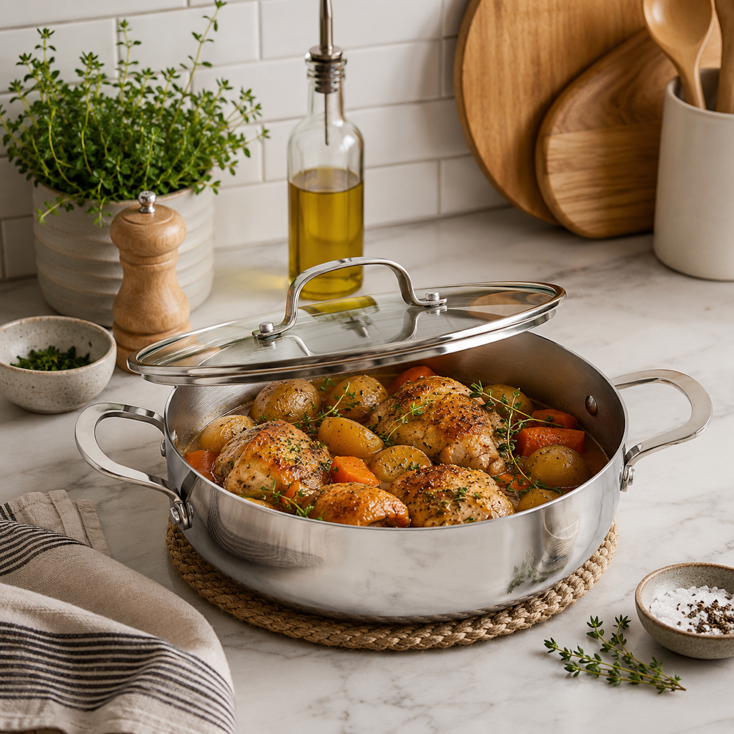 CoreClad 4.2 QT Tri-Ply Stainless Steel Low Casserole with Lid · Seville
