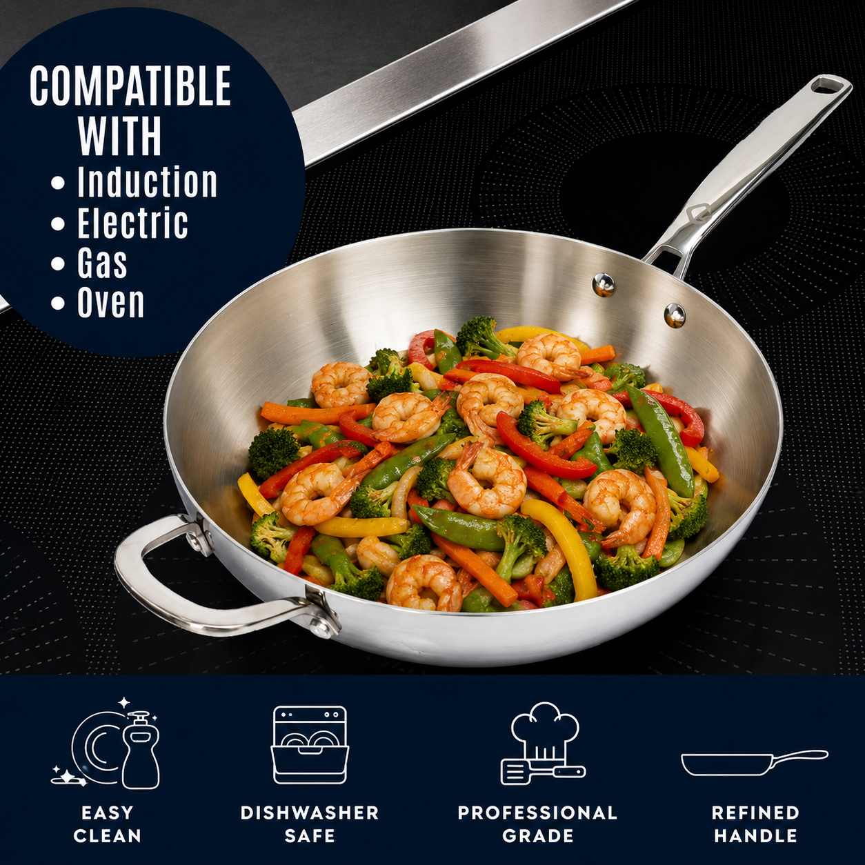 CoreClad 5 QT Tri-Ply Stainless Steel Wok · Malaga