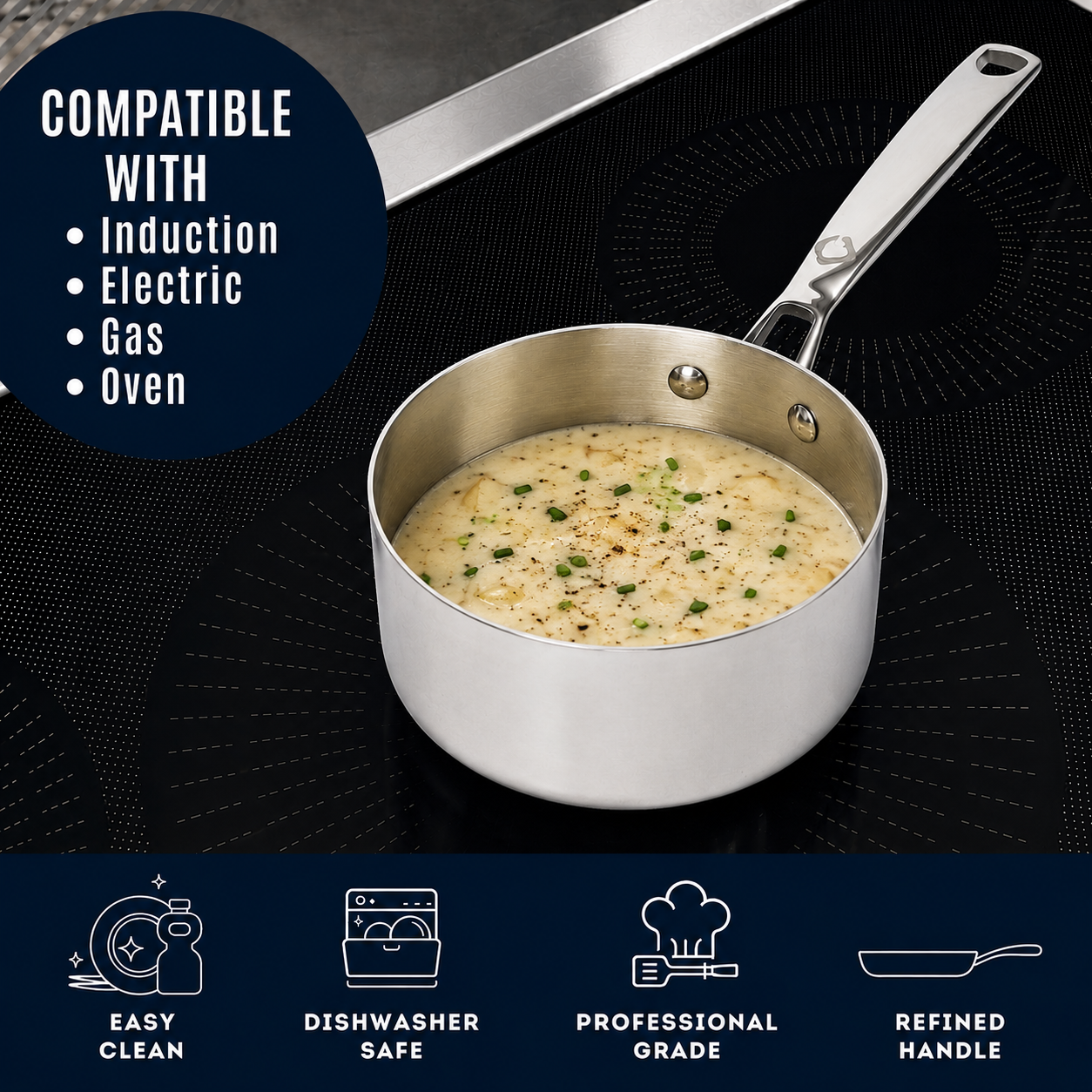 CoreClad 1.5 QT Tri-Ply Stainless Steel Sauce Pan · Malaga