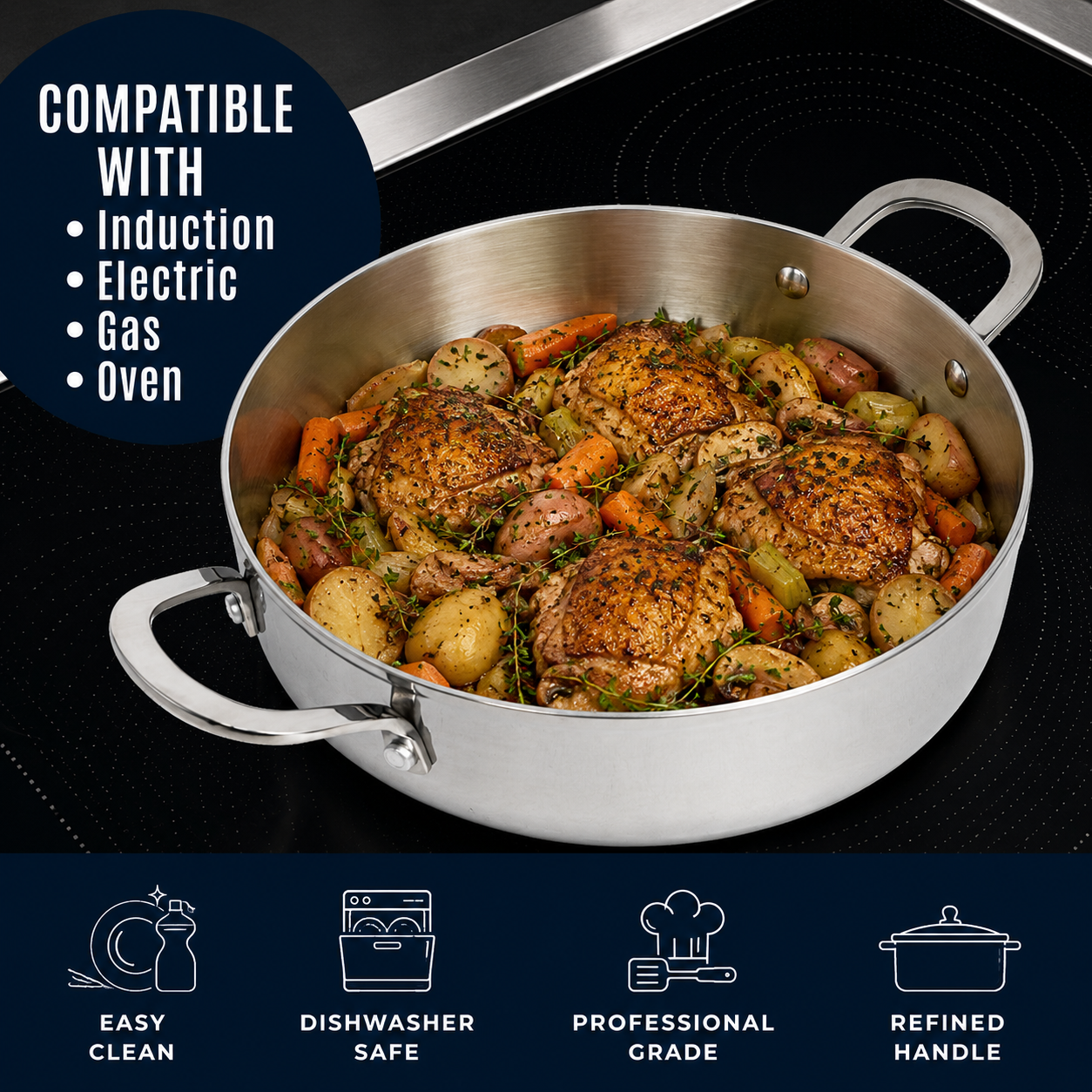 CoreClad 4.2 QT Tri-Ply Stainless Steel Low Casserole · Malaga