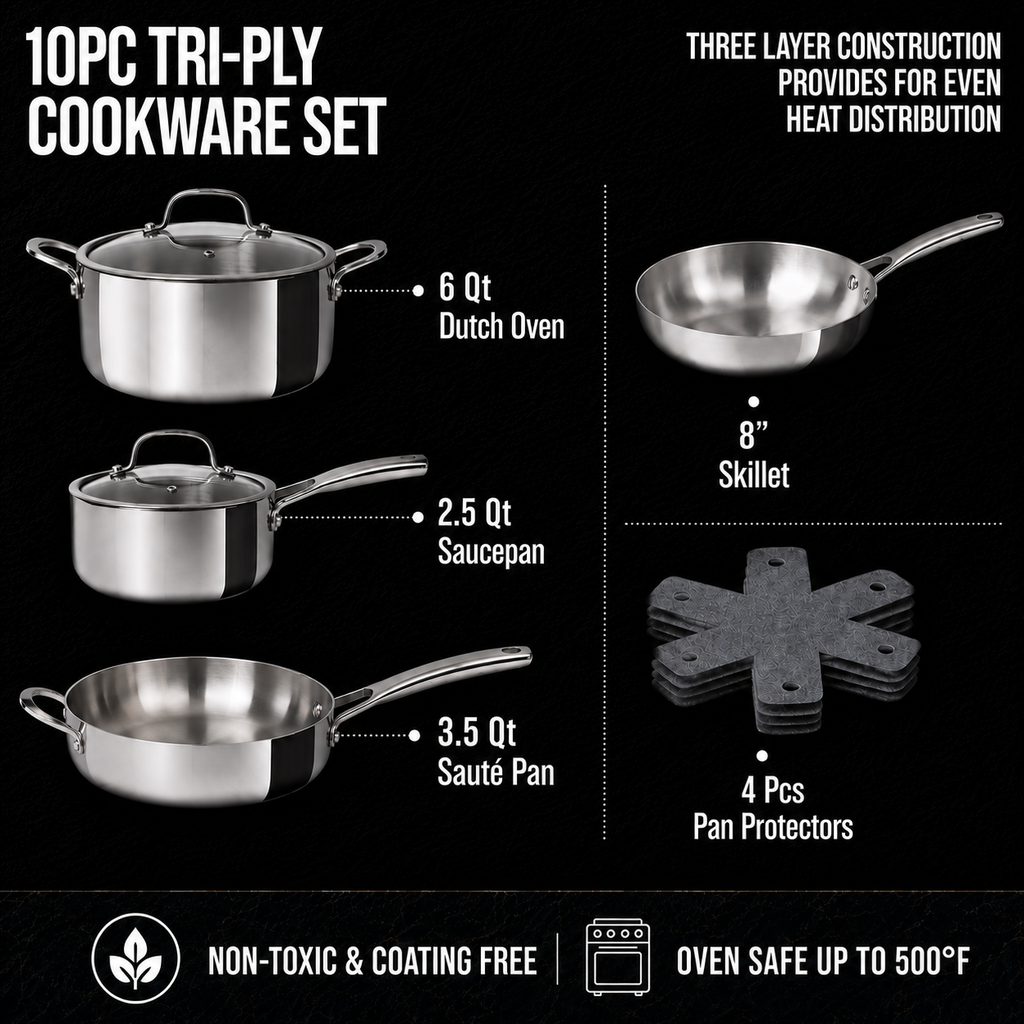 CoreClad Tri-Ply Stainless Steel Cookware Set · Seville · 10 Piece