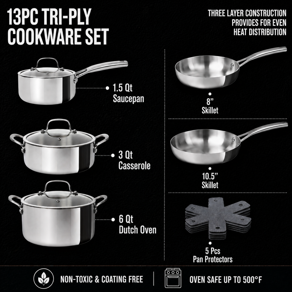 CoreClad Tri-Ply Stainless Steel Cookware Set · Seville · 13 Piece