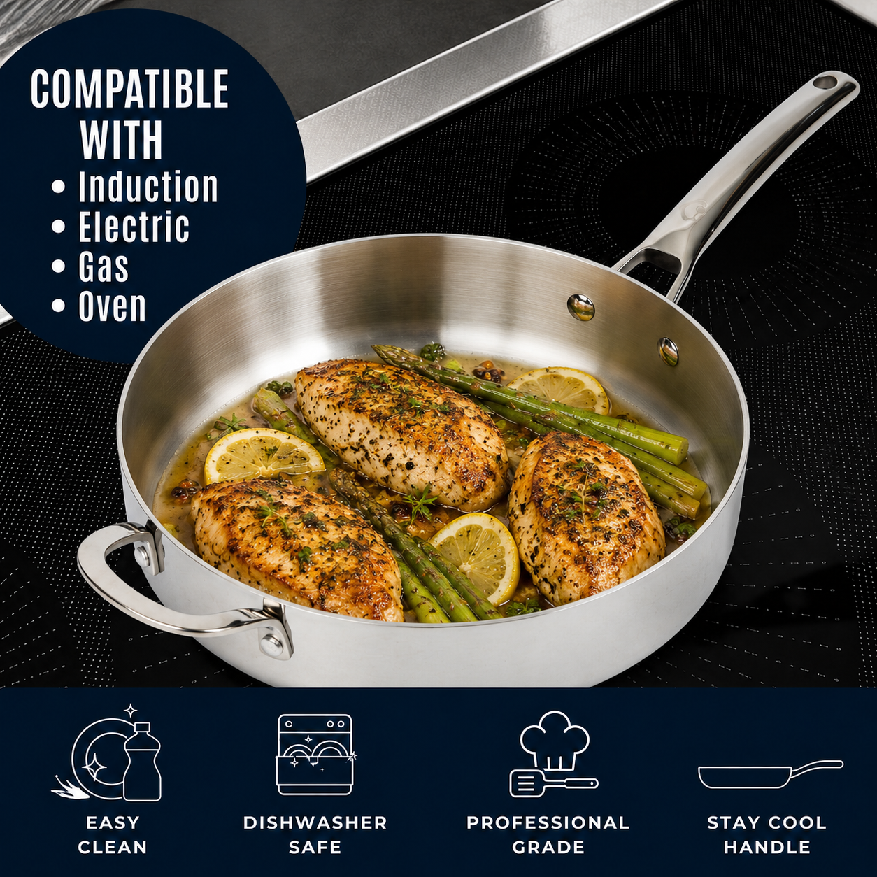 CoreClad Tri-Ply Stainless Steel Saute Pan · 6 Quart · Seville · With Glass Lid