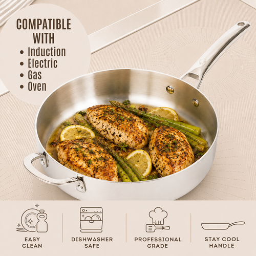 CoreClad Tri-Ply Stainless Steel Saute Pan · 6 Quart · Seville · With Glass Lid