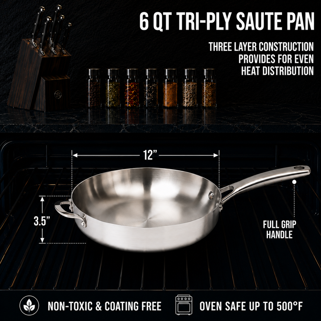 CoreClad Tri-Ply Stainless Steel Saute Pan · 6 Quart · Seville · With Glass Lid