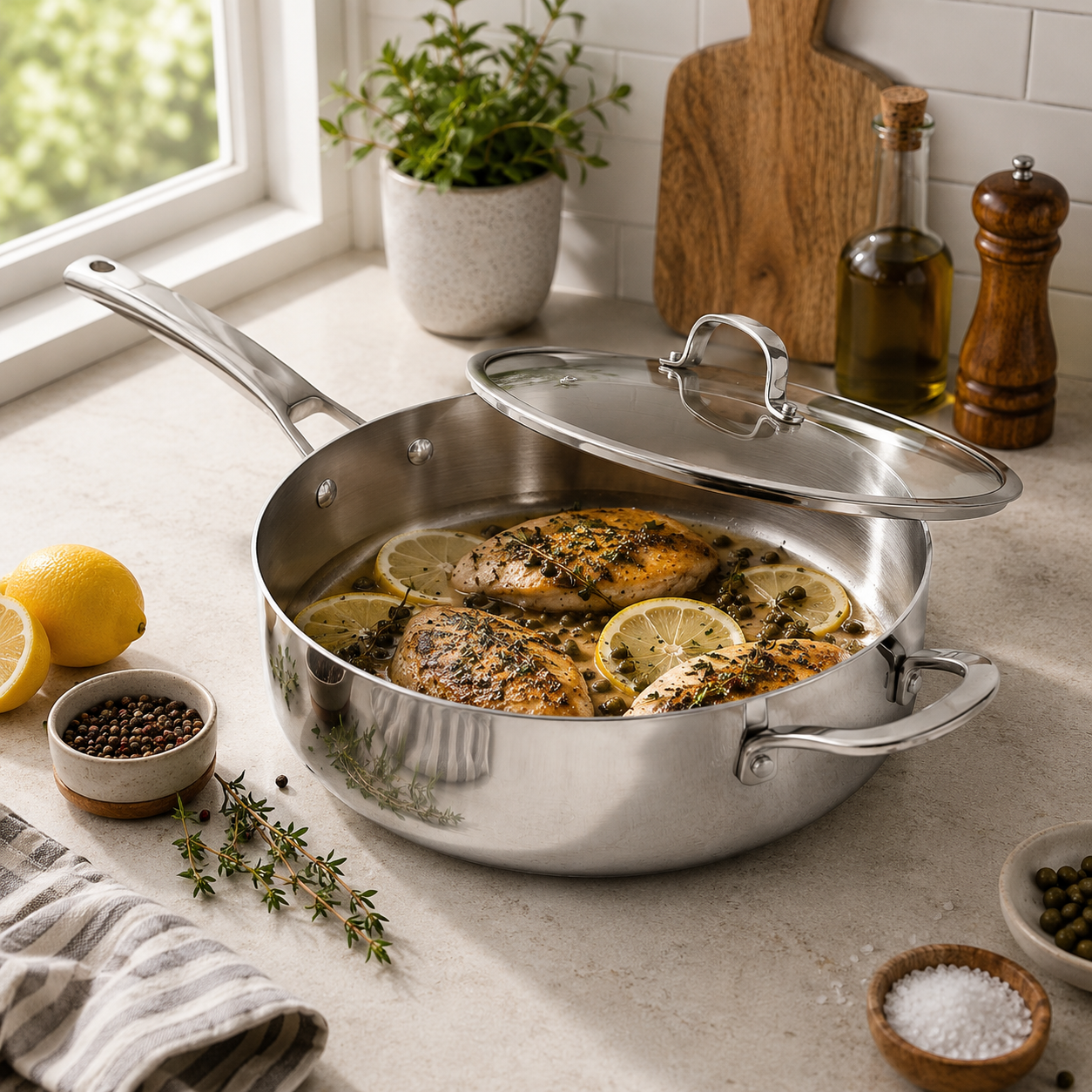 CoreClad Tri-Ply Stainless Steel Saute Pan · 6 Quart · Seville · With Glass Lid