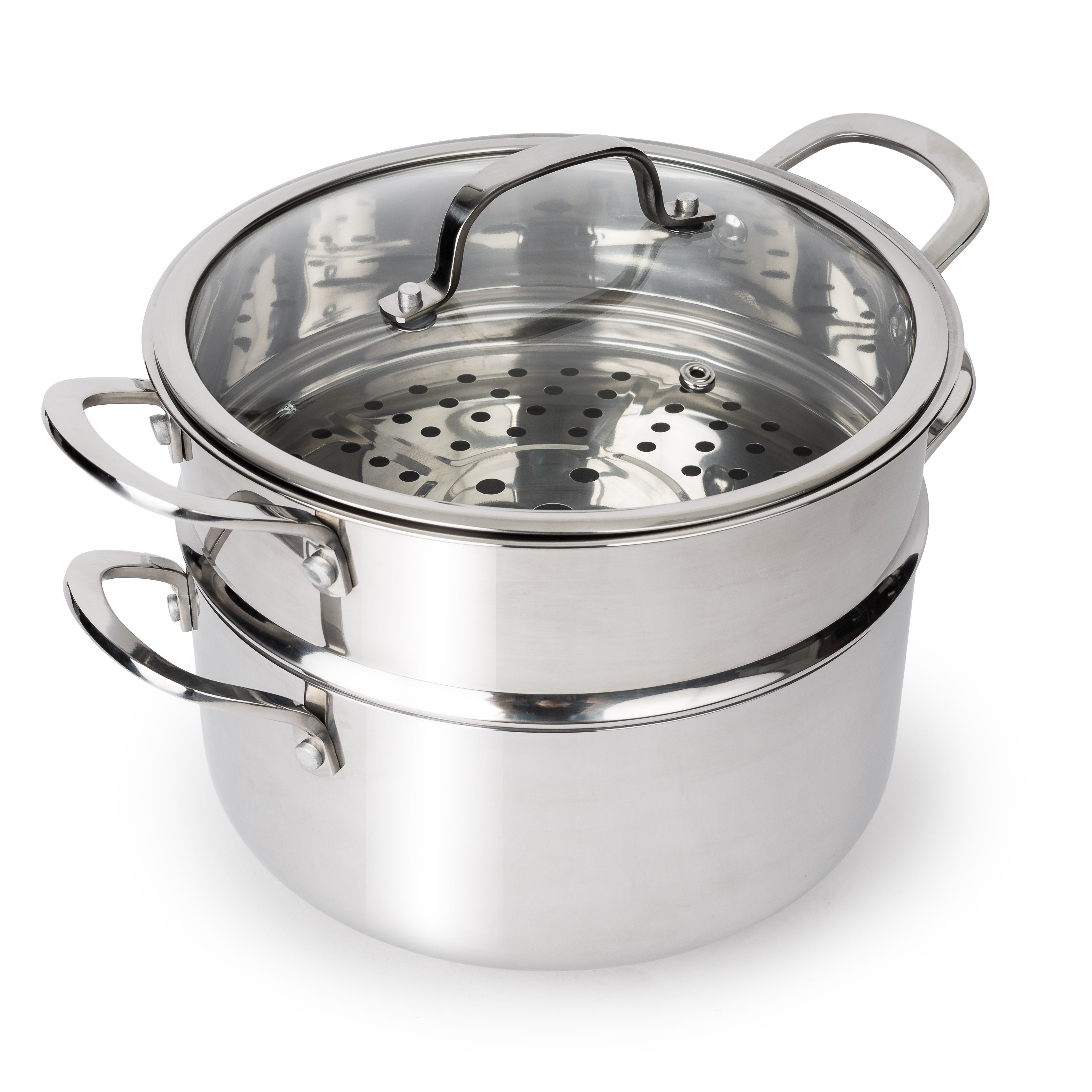 CoreClad Tri-Ply Stainless Steel 5 Quart Casserole and Steamer Set · Seville · With Glass Lid