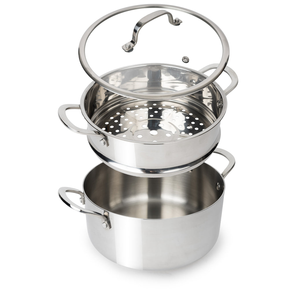 CoreClad Tri-Ply Stainless Steel 5 Quart Casserole and Steamer Set · Seville · With Glass Lid