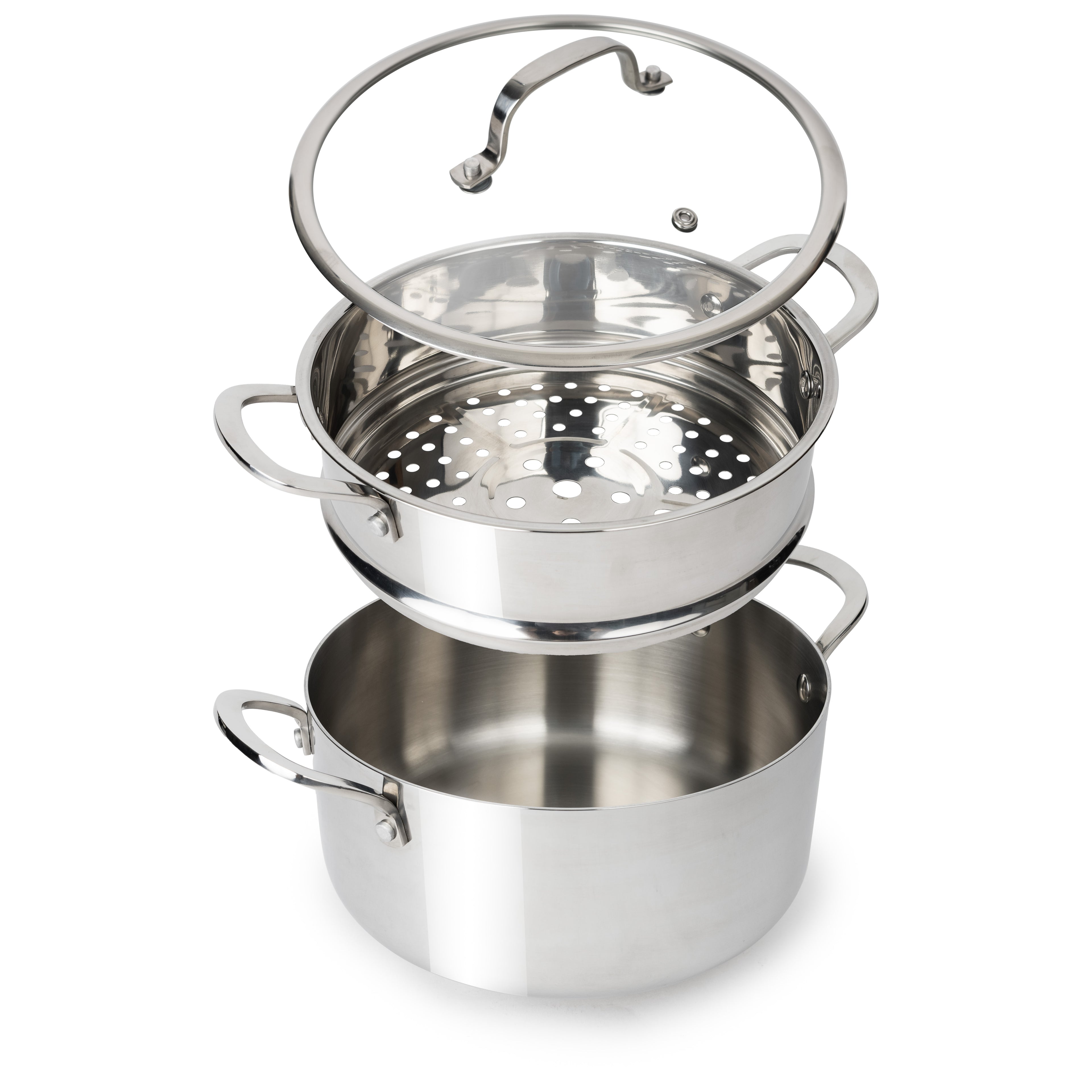 CoreClad Tri-Ply Stainless Steel 5 Quart Casserole and Steamer Set · Seville · With Glass Lid