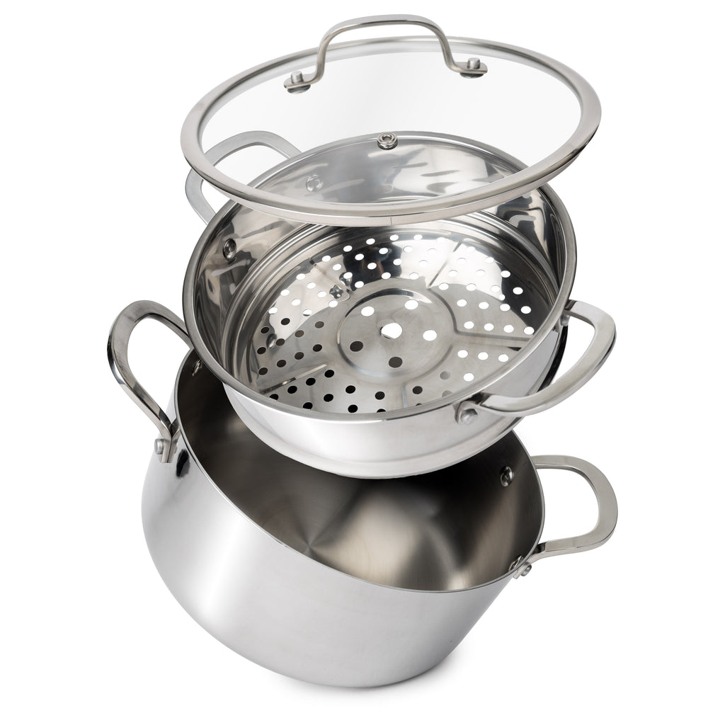 CoreClad Tri-Ply Stainless Steel 5 Quart Casserole and Steamer Set · Seville · With Glass Lid