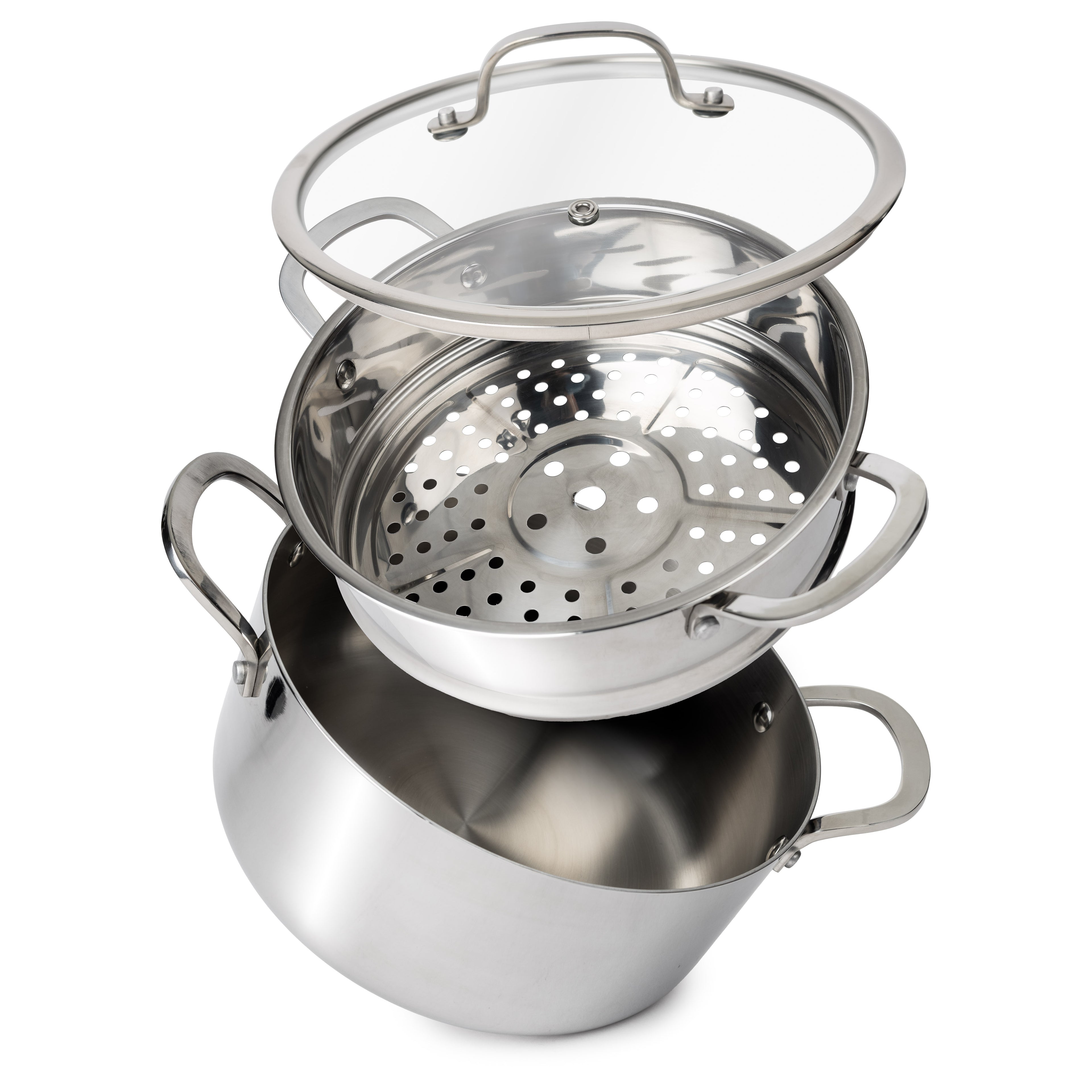 CoreClad Tri-Ply Stainless Steel 5 Quart Casserole and Steamer Set · Seville · With Glass Lid