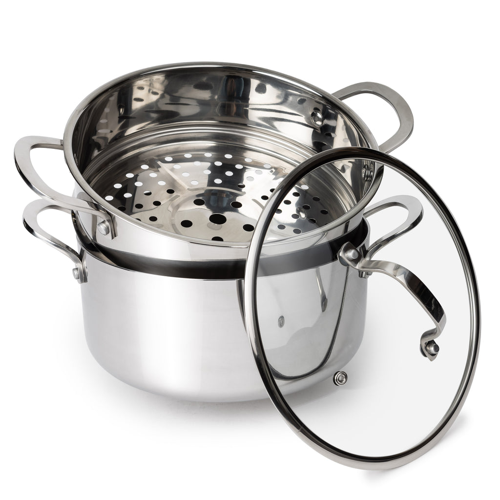 CoreClad Tri-Ply Stainless Steel 5 Quart Casserole and Steamer Set · Seville · With Glass Lid