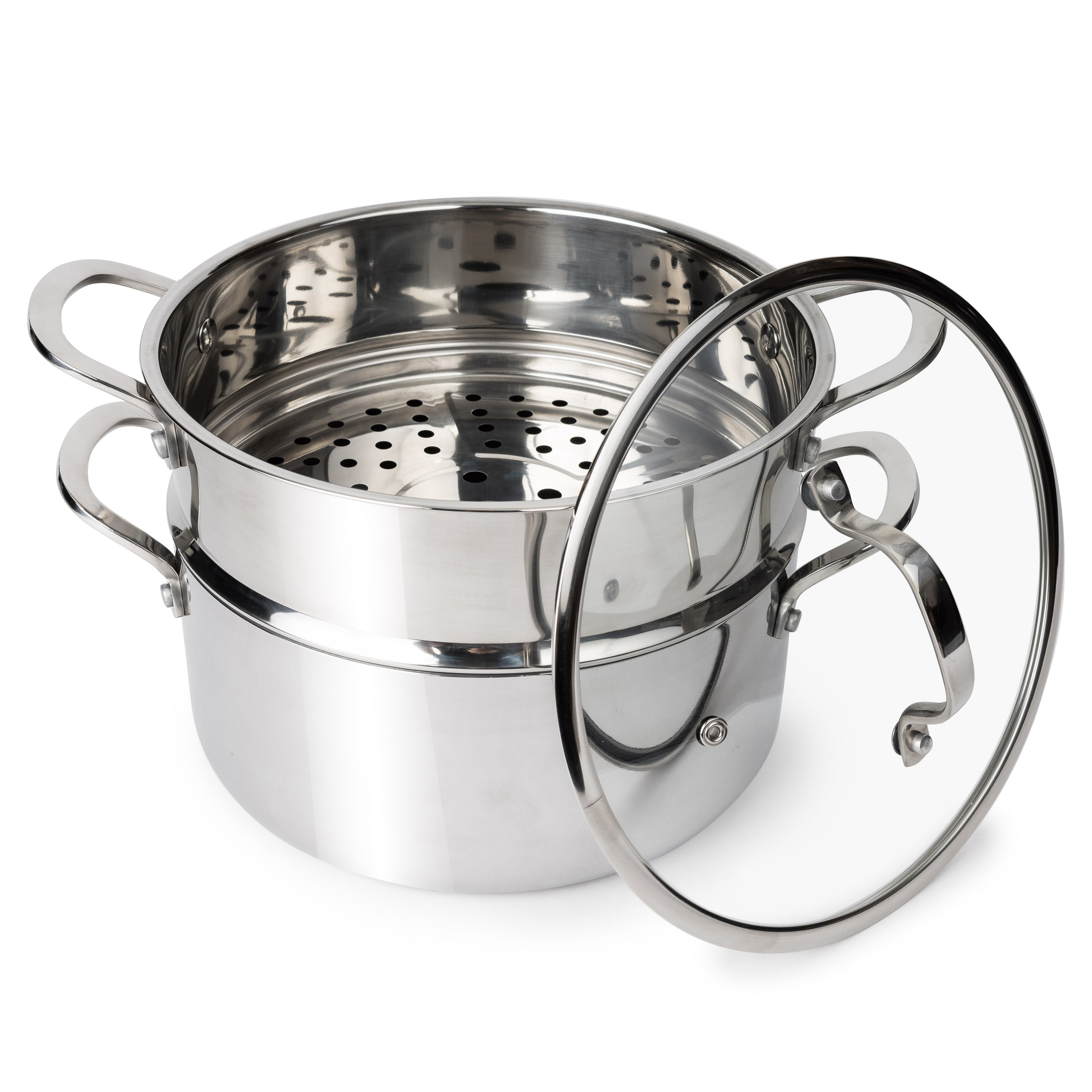CoreClad Tri-Ply Stainless Steel 5 Quart Casserole and Steamer Set · Seville · With Glass Lid