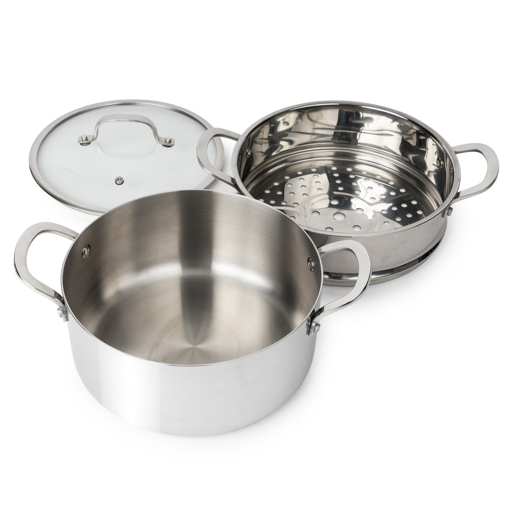 CoreClad Tri-Ply Stainless Steel 5 Quart Casserole and Steamer Set · Seville · With Glass Lid