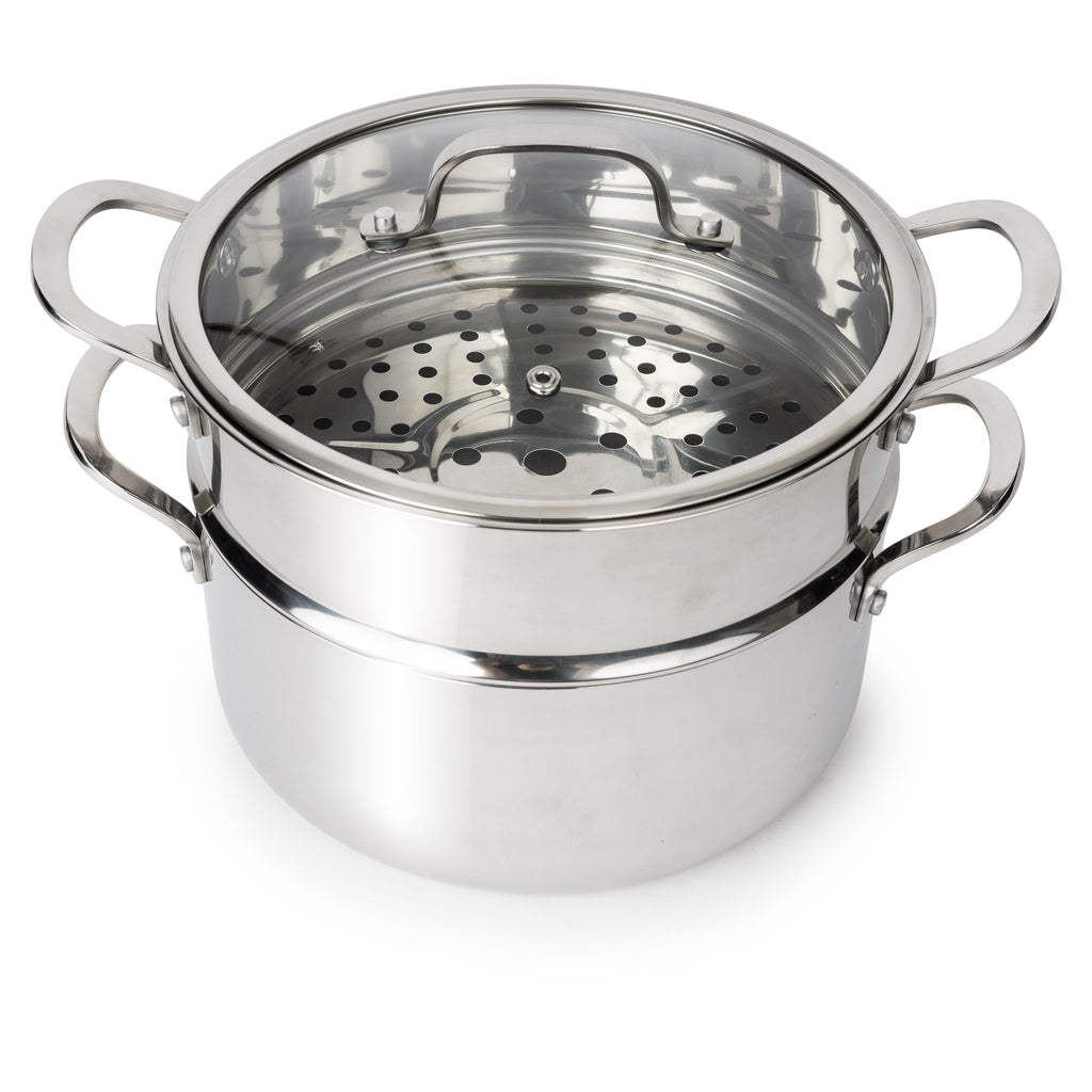 CoreClad Tri-Ply Stainless Steel 5 Quart Casserole and Steamer Set · Seville · With Glass Lid