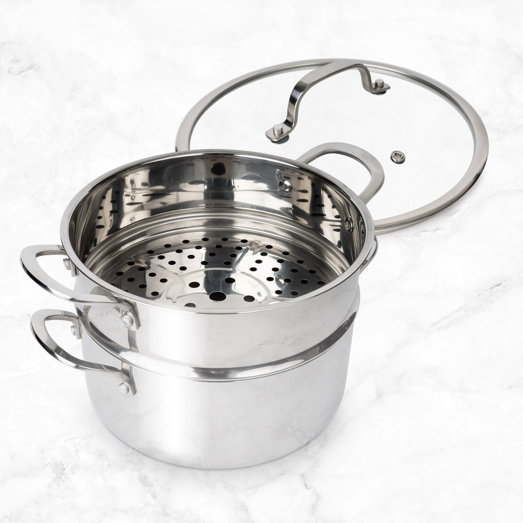 CoreClad Tri-Ply Stainless Steel 5 Quart Casserole and Steamer Set · Seville · With Glass Lid