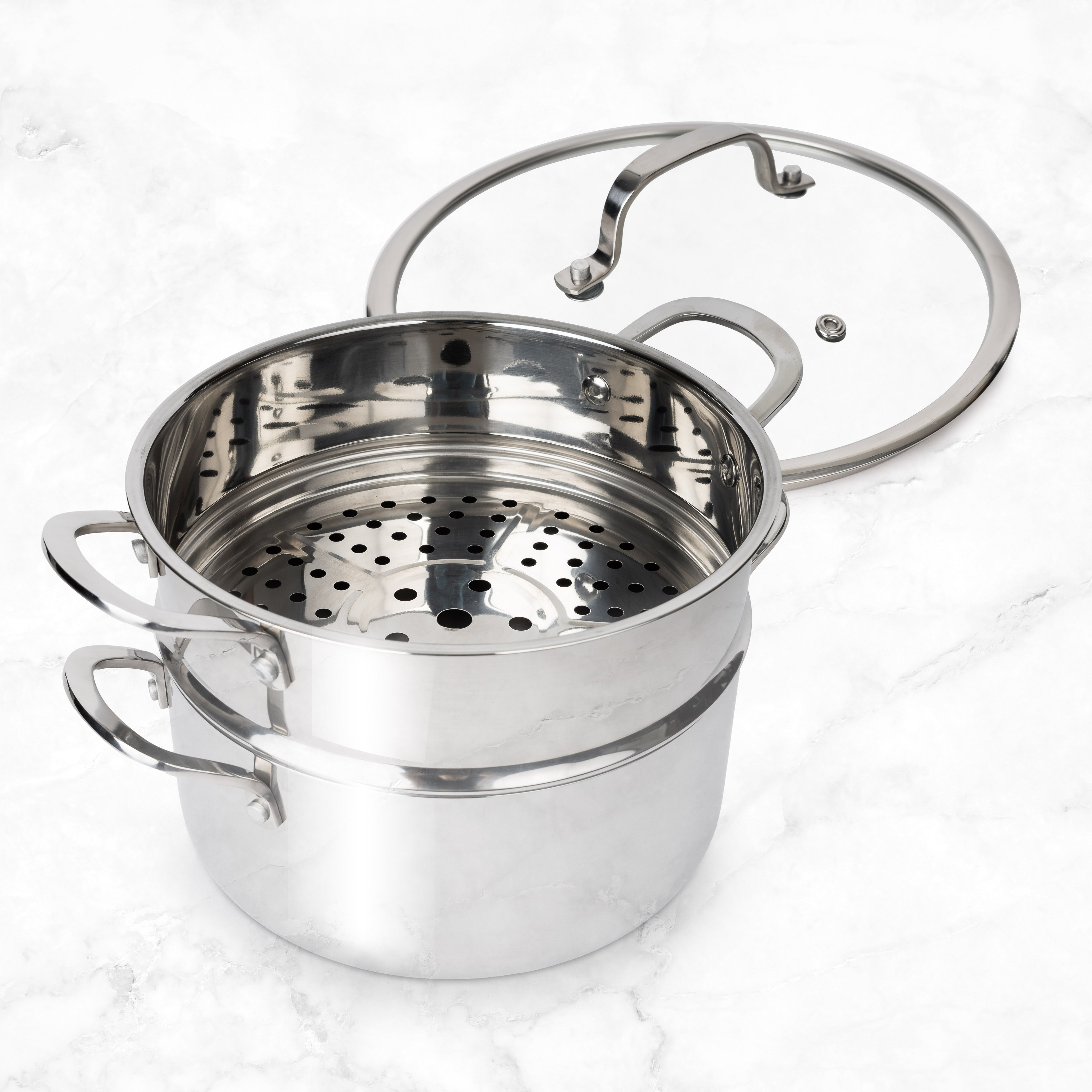 CoreClad Tri-Ply Stainless Steel 5 Quart Casserole and Steamer Set · Seville · With Glass Lid