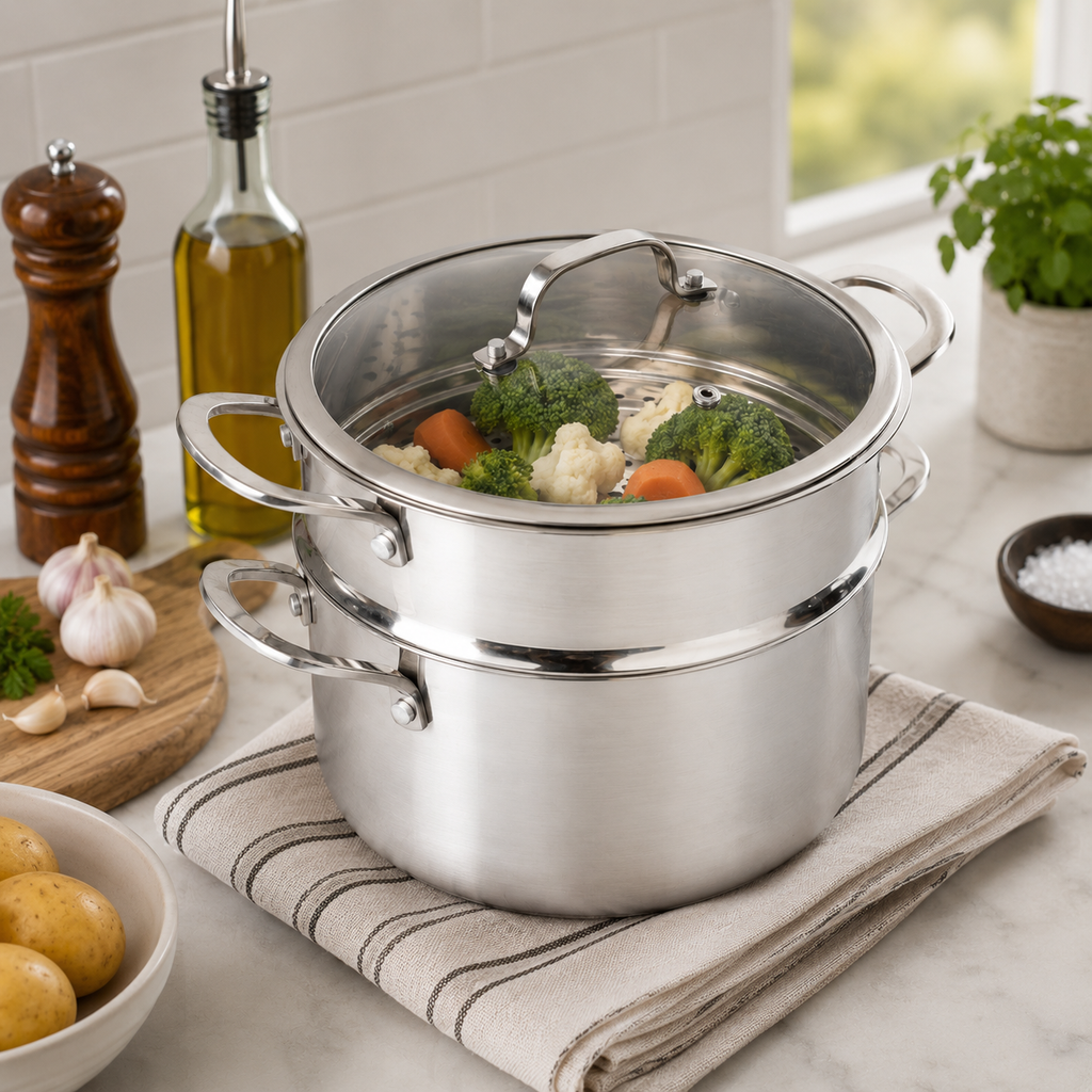 CoreClad Tri-Ply Stainless Steel 5 Quart Casserole and Steamer Set · Seville · With Glass Lid