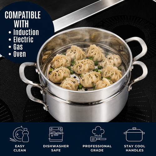 CoreClad Tri-Ply Stainless Steel 5 Quart Casserole and Steamer Set · Seville · With Glass Lid