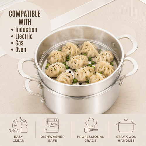 CoreClad Tri-Ply Stainless Steel 5 Quart Casserole and Steamer Set · Seville · With Glass Lid