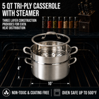 CoreClad Tri-Ply Stainless Steel 5 Quart Casserole and Steamer Set · Seville · With Glass Lid