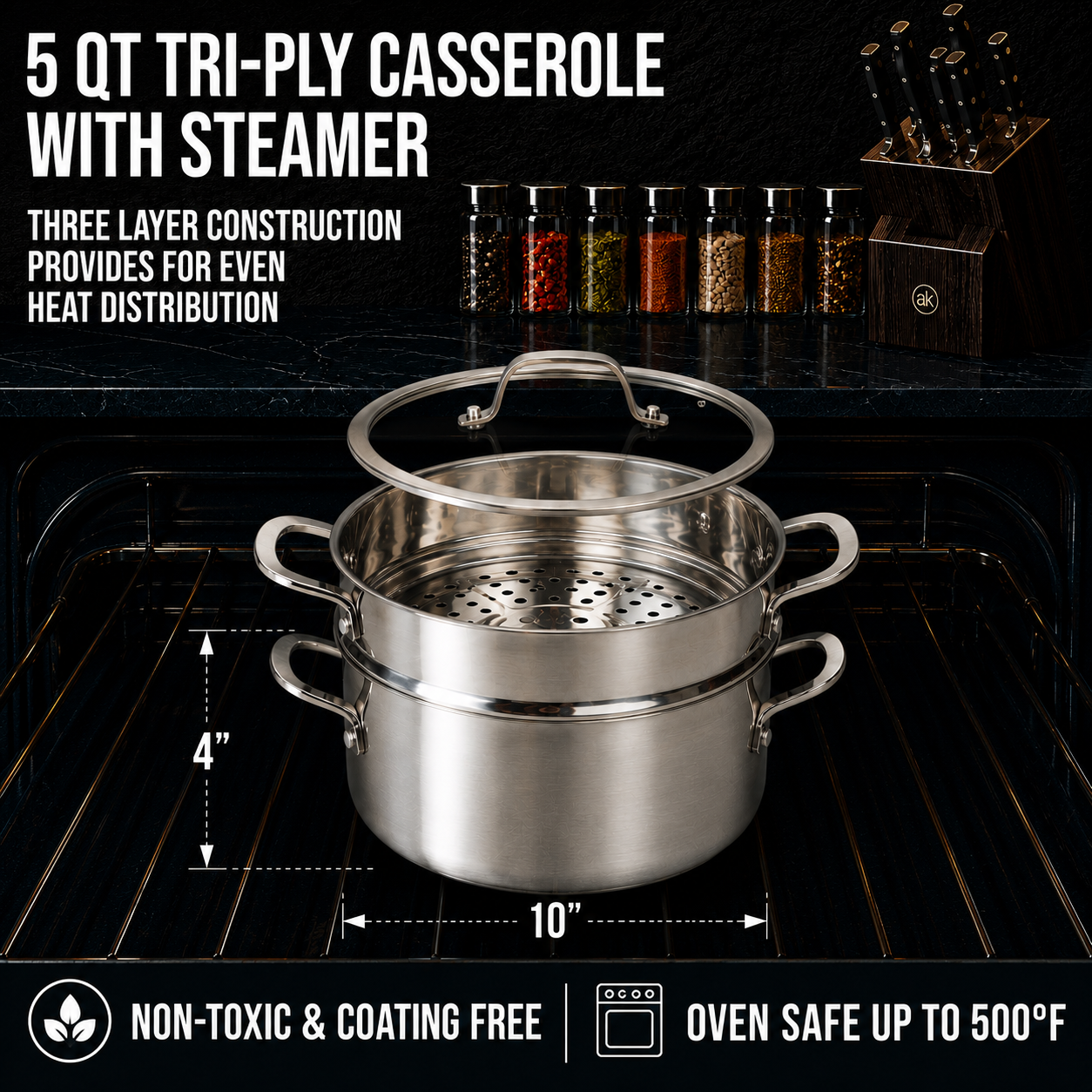 CoreClad Tri-Ply Stainless Steel 5 Quart Casserole and Steamer Set · Seville · With Glass Lid