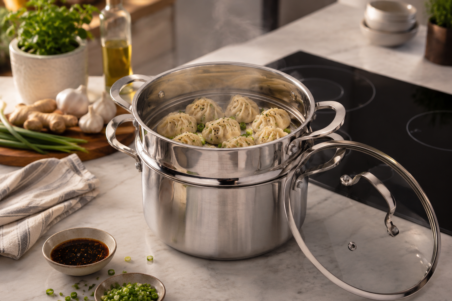 CoreClad Tri-Ply Stainless Steel 5 Quart Casserole and Steamer Set · Seville · With Glass Lid