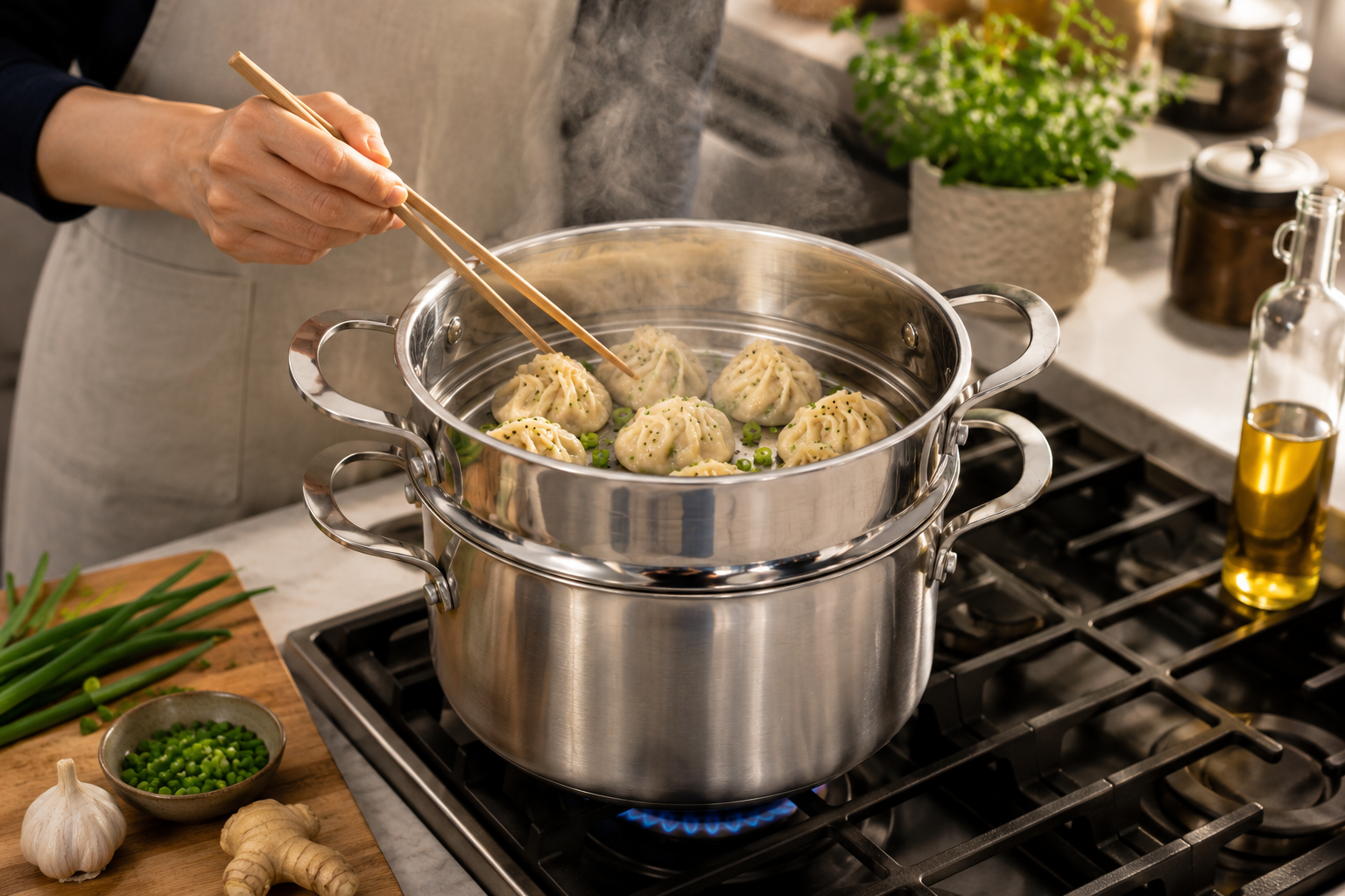 CoreClad Tri-Ply Stainless Steel 5 Quart Casserole and Steamer Set · Seville · With Glass Lid