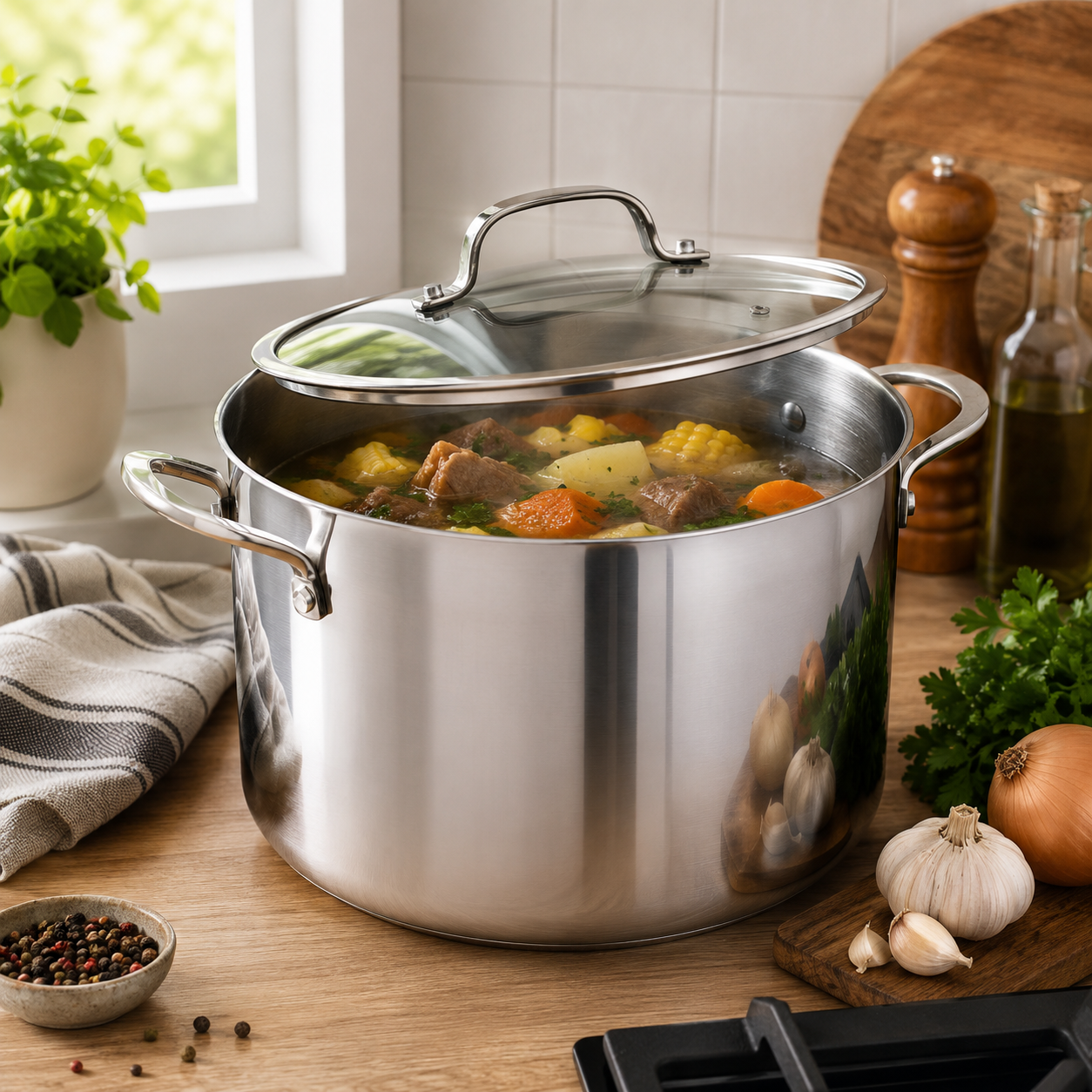 CoreClad Tri-Ply Stainless Steel Stock Pot · Seville · With Glass Lid · 8 QT and 12 QT