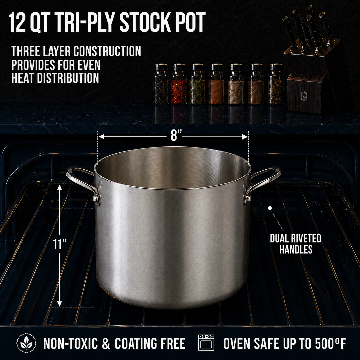 CoreClad Tri-Ply Stainless Steel Stock Pot · Seville · With Glass Lid · 8 QT and 12 QT