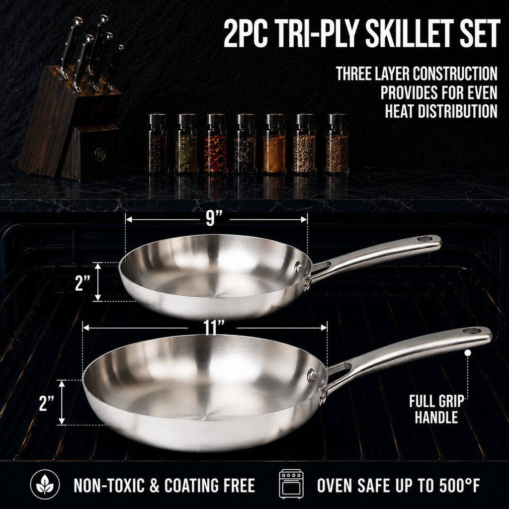 CoreClad Tri-Ply Stainless Steel Skillet Uncoated Set · 2 Piece · Seville · 9" and 11"